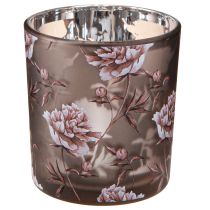 Product Tealight holder table decoration peonies brown silver H8cm 4 pcs