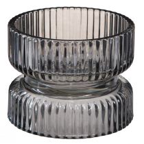 Product Tealight holder glass decoration ribbed grey tinted Ø9cm H7cm 4 pcs