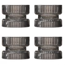 Product Glass tealight holder, decorative, ribbed, grey tinted, Ø9cm, H7cm, 4 pieces