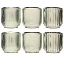 Product Tealight holder glass in grey grooves decor 8cm 6 pcs