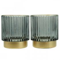 Lantern glass ribbed tealight holder gold/grey H8cm 2pcs