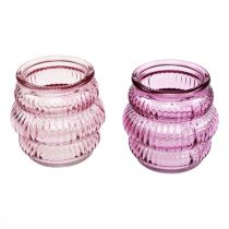Product Tealight holder glass decoration purple pink Ø7.5cm H7.5cm 2pcs