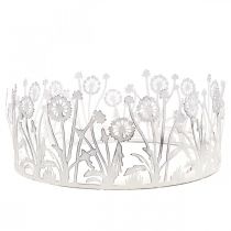 Decorative tray with dandelions, metal decoration for spring white, silver shabby chic Ø25cm H10.5cm