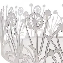 Product Decorative tray with dandelions, metal decoration for spring white, silver shabby chic Ø25cm H10.5cm