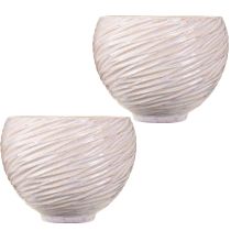 Product Ceramic Plant Bowl Cream-Pink – Modern Decorative Planter with Groove Pattern Ø15cm 2pcs