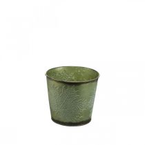 Product Planter for autumn, planter with leaf decoration, metal bucket green Ø14cm H12.5cm