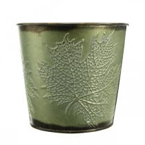 Product Planter with leaf decoration, metal vessel for autumn, green plant bucket Ø10cm H10cm