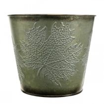 Product Decorative bucket with leaf decoration, autumn pot, metal decoration green Ø17cm H14.5cm