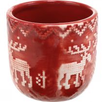 Ceramic decoration with reindeer, Advent decoration, planter with Norwegian pattern red / white Ø7.5cm H7cm 6pcs