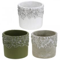 Ceramic vessel, flower pot with oak decor, plant pot green / white / gray Ø13cm H11.5cm set of 3