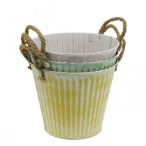 Decorative pot, metal bucket for planting, planter with handles, pink/green/yellow shabby chic Ø14.5cm H13cm set of 3