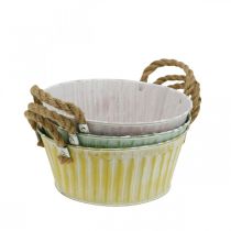 Metal plant bowl, flower bowl, plant pot with handles pink/green/yellow shabby chic Ø22cm H9.5cm set of 3