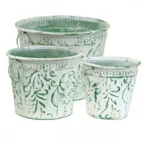 Metal pots with handles, planters with embossing white, green shabby chic H20.5/18.5/16cm Ø25.5/20.5/15.5cm set of 3
