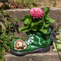 Planter decoration, green shoe with hedgehog, ceramic 14x13cm H13cm