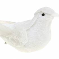 Dove flocked with feathers and clip white 13.5cm 4pcs