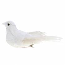 Dove flocked with feathers and clip white 13.5cm 4pcs