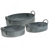Planter with handles, zinc tub, antique-look flower bowl, silver L35.5 / 30.5 / 26.5cm, set of 3