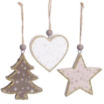 Product Christmas ornaments, stars, trees, hearts, wooden decoration, vintage Scandinavian style, 6 pieces