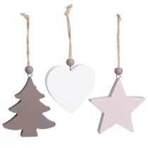 Product Christmas ornaments, stars, trees, hearts, wooden decoration, vintage Scandinavian style, 6 pieces