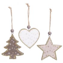 Product Christmas ornaments, stars, trees, hearts, wooden decoration, vintage Scandinavian style, 6 pieces