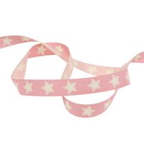 Christmas ribbon linen look stars pink 15mm 20m