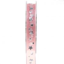 Christmas ribbon organza pink with star motif 15mm 20m