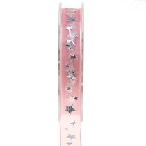 Product Christmas ribbon organza pink with star motif 15mm 20m