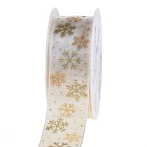 Product Christmas ribbon organza snowflakes white gold 40mm 15m