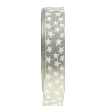 Christmas ribbon with star gray, white 25mm 20m