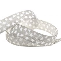 Christmas ribbon with star gray, white 25mm 20m