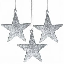 Christmas decoration star pendant silver glitter 9cm 12pcs