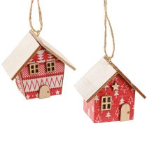Product Red Christmas houses for hanging, paper and wood, 5.5cm, set of 6