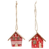 Product Red Christmas houses for hanging, paper and wood, 5.5cm, set of 6