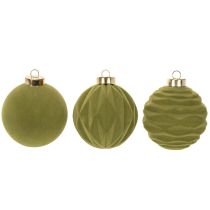 Product Christmas tree bauble, velvet look, green, textured mix, 8cm, 12 pieces. Christmas bauble, flocked moss green, plastic baubles, moss green flocked. Cotton cords included for each bauble.