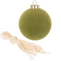 Product Christmas tree bauble, velvet look, green, textured mix, 8cm, 12 pieces. Christmas bauble, flocked moss green, plastic baubles, moss green flocked. Cotton cords included for each bauble.