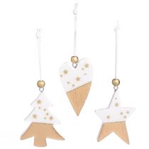 Product Christmas ornaments, wooden star, tree, heart, 6 pieces, white and gold decorative pendants