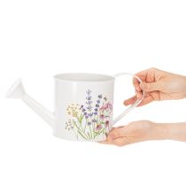 Product White metal watering can with floral motif, 13.5cm, decorative planter