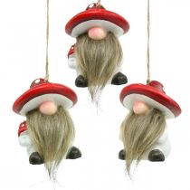Decorative gnome ceramic to hang with mushroom hat red, white H8cm 4pcs