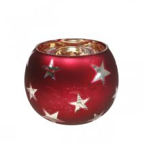 Product Lantern glass tealight glass with stars red Ø9cm H7cm