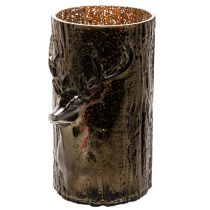 Product Glass tealight holder with deer head and tree reliefs, winter decoration, 26cm