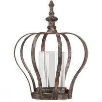 Product Lantern Crown Brown Rust With Candle Glass Ø14cm H18cm