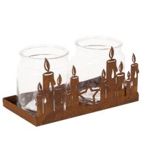 Product Metal lantern with glass insert, rusted metal finish, decorative candle holder, 21.5cm