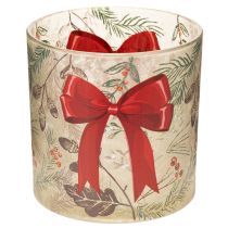 Product Glass votive candle holder with red ribbon and winter branches, 15cm