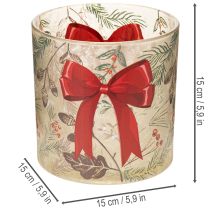 Product Glass votive candle holder with red ribbon and winter branches, 15cm