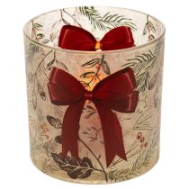 Product Glass votive candle holder with red ribbon and winter branches, 15cm