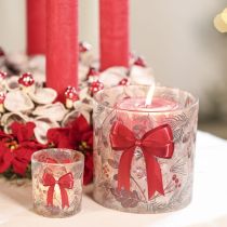 Product Glass votive candle holder with red ribbon and winter branches, 15cm