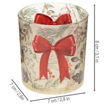 Product Glass votive candle holder with Christmas branches and red ribbon, 8cm, 2 pieces