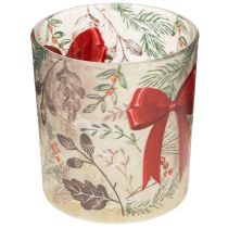 Product Glass votive candle holder with Christmas branches and red ribbon, 8cm, 2 pieces