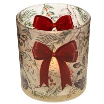 Product Glass votive candle holder with Christmas branches and red ribbon, 8cm, 2 pieces