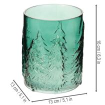 Product Glass tealight holder with fir trees in relief, Christmas decoration, 16cm